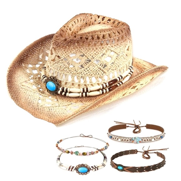 Straw Cowgirl & Cowboy Western Hat Fully Adjustable 4 interchangeable hat bands - Picture 1 of 17